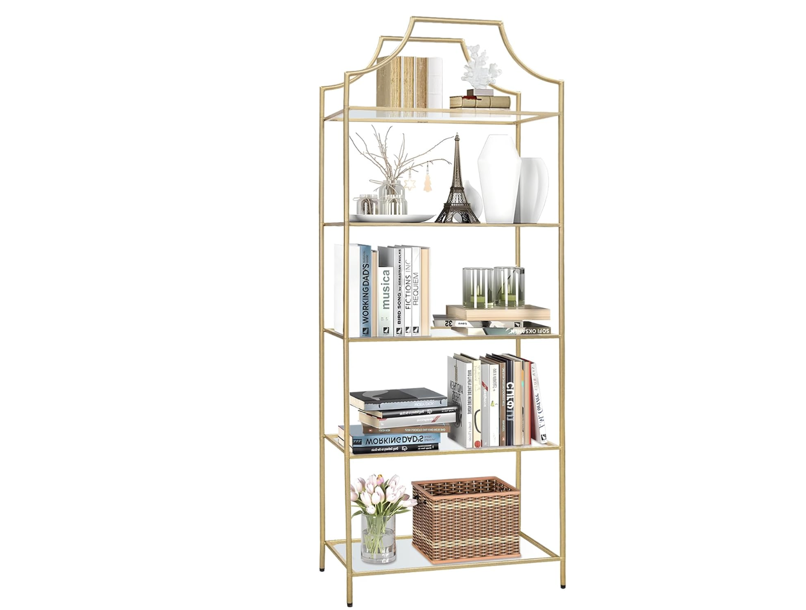 New in Box 5 Tier Bookshelf, Metal with glass shelves, Book Shelf Tall Storage Modern Open