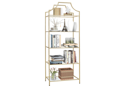 New in Box 5 Tier Bookshelf, Metal with glass shelves, Book Shelf Tall Storage Modern Open