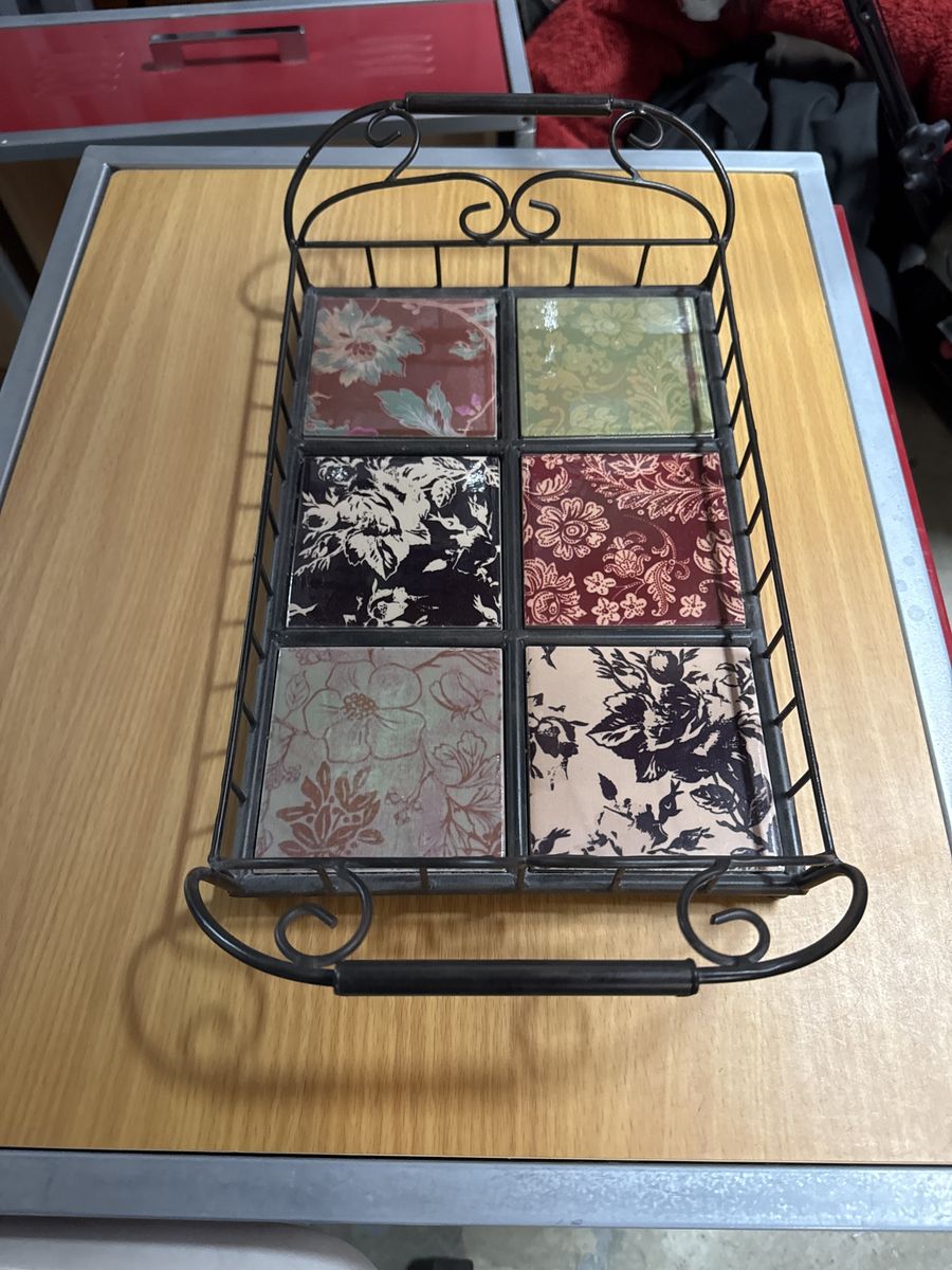 Decorative Iron & Tile Serving Tray - Floral Pattern, 6-Tile Design