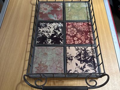 Decorative Iron & Tile Serving Tray - Floral Pattern, 6-Tile Design