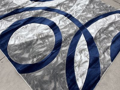 New! Abstract Gray & Blue Area Rug - Modern Geometric Swirls Design 8x10