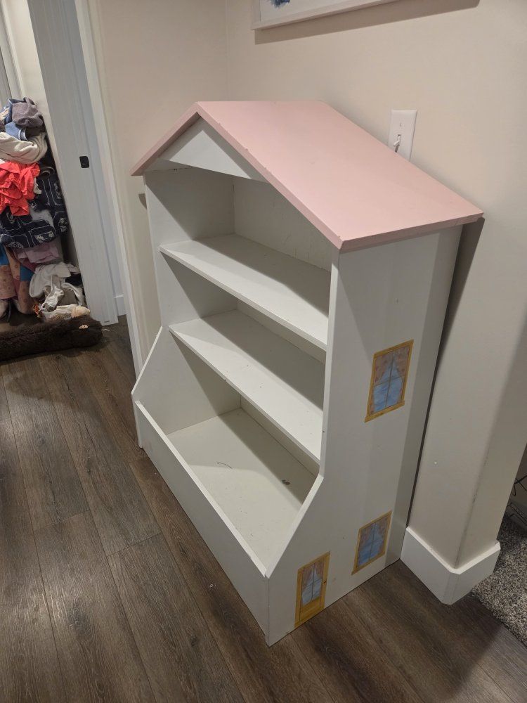 Kids White & Pink Dollhouse Bookcase with Storage Bin - Adorable House-Shaped Shelf
