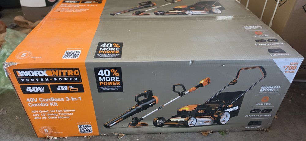WORX NITRO WG926 40V Cordless 3-in-1 Combo Kit: Blower, String Trimmer, Push Mower