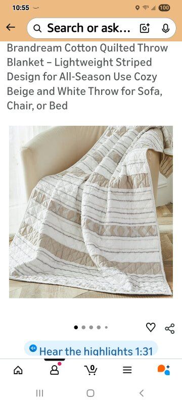 New in Package! Cotton Quited Throw Tan/White