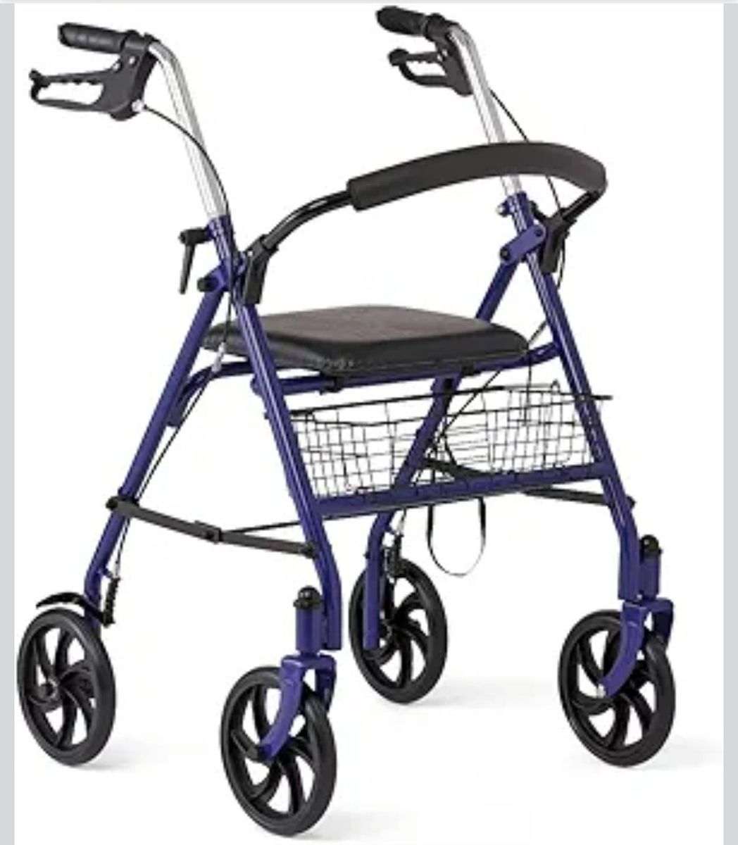 Foldable Walker with Seat, Basket & Adjustable Handles - Blue
