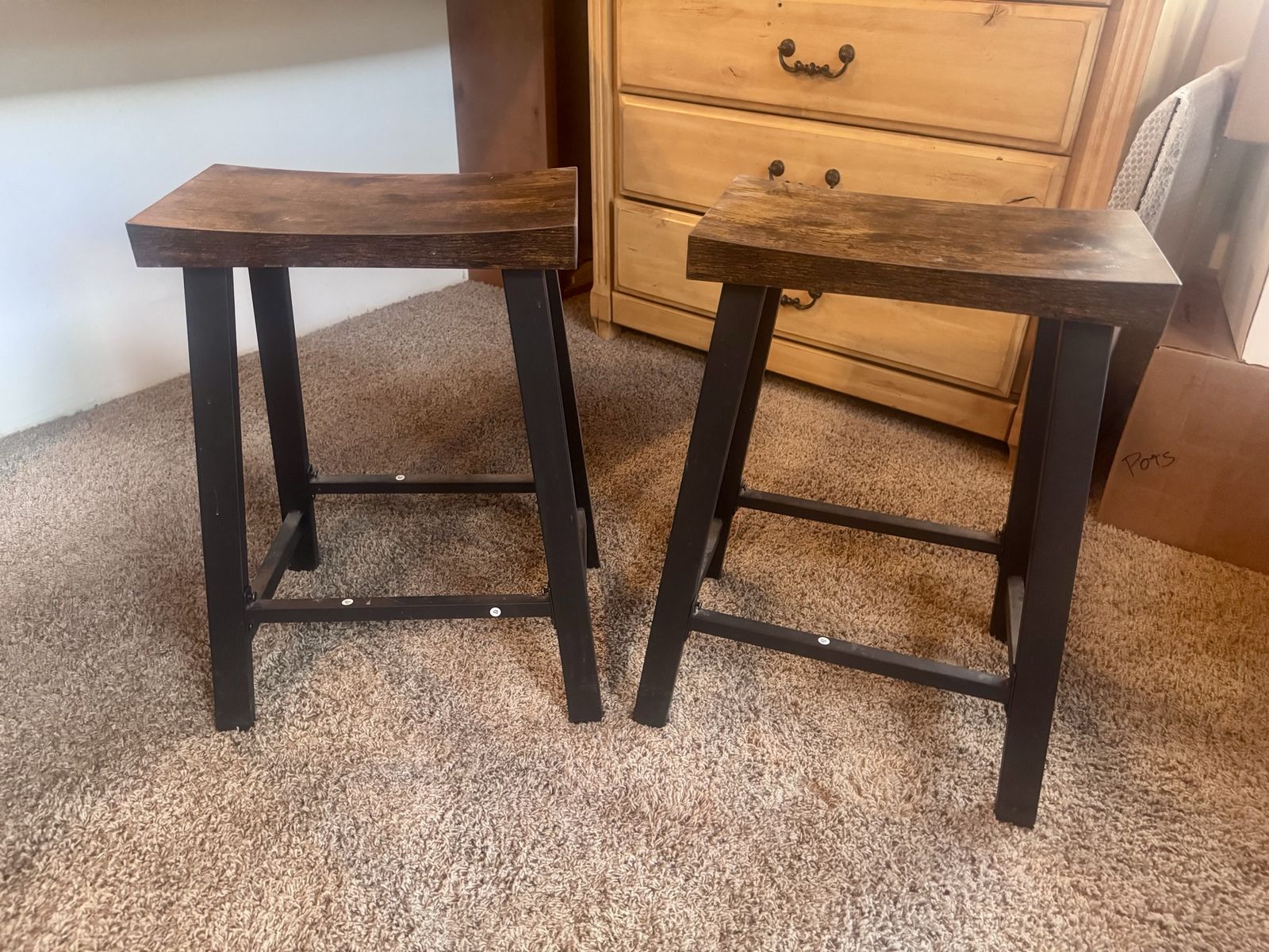 Industrial Wood and Black Metal Bar Stools - Set of 2