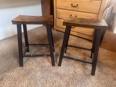 Industrial Wood and Black Metal Bar Stools - Set of 2