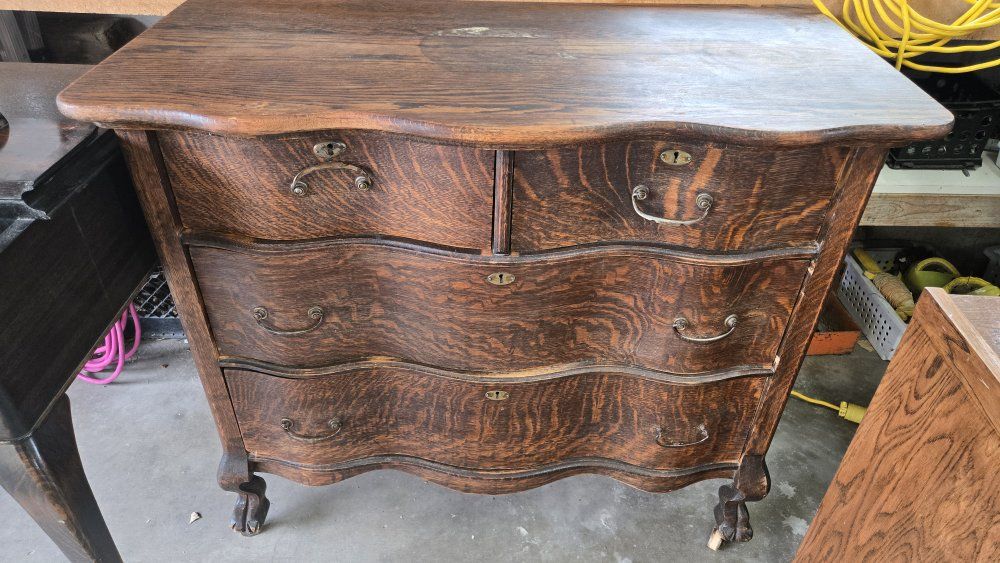 Antique Oak Serpentine Dresser with Carved Drawers