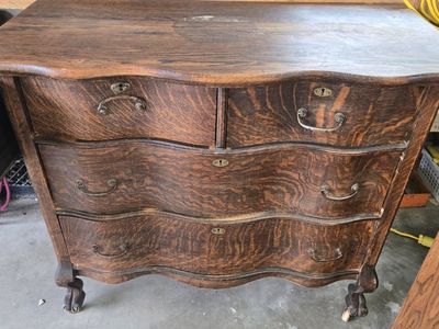 Antique Oak Serpentine Dresser with Carved Drawers