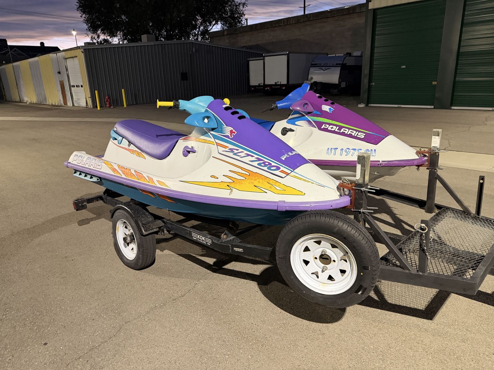 2 polished Polaris Jet Skis and trailer