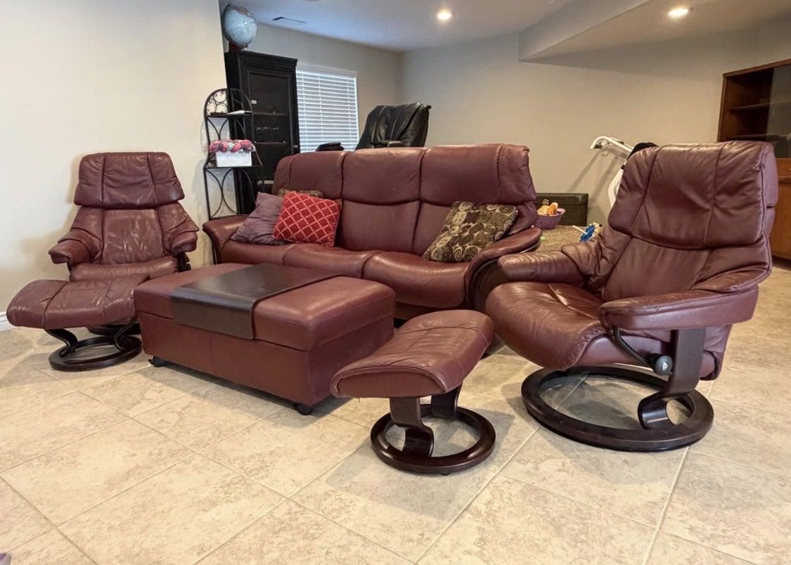 Ekornes Stressless Leather Sofa Set: 2 Recliners, Ottoman, Burgundy Leather, Wood Base