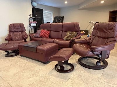 Ekornes Stressless Leather Sofa Set: 2 Recliners, Ottoman, Burgundy Leather, Wood Base