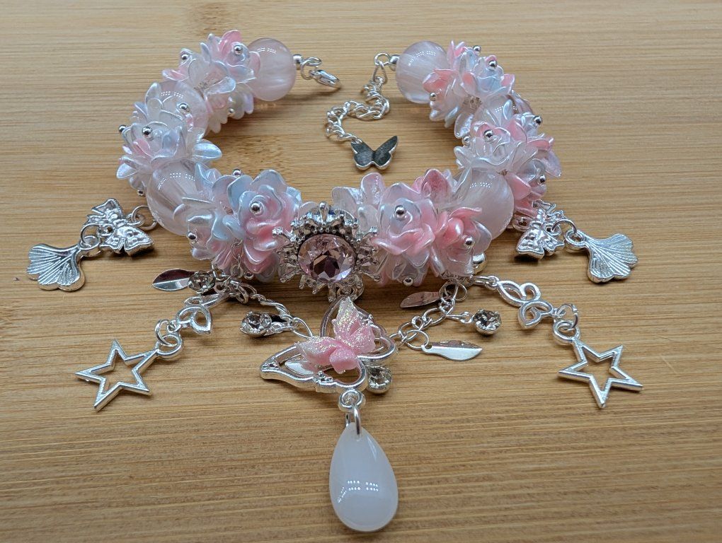 Handmade Pink & Blue Floral Bracelet with Butterfly & Star Charms, Adjustable