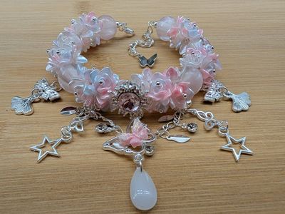 Handmade Pink & Blue Floral Bracelet with Butterfly & Star Charms, Adjustable
