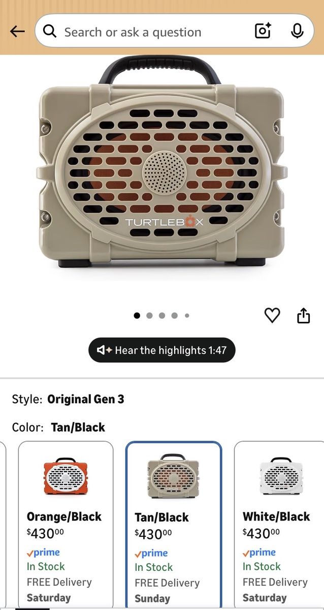 TURTLEBOX Original Gen 3 Portable Bluetooth Speaker - Tan/Black, Weatherproof