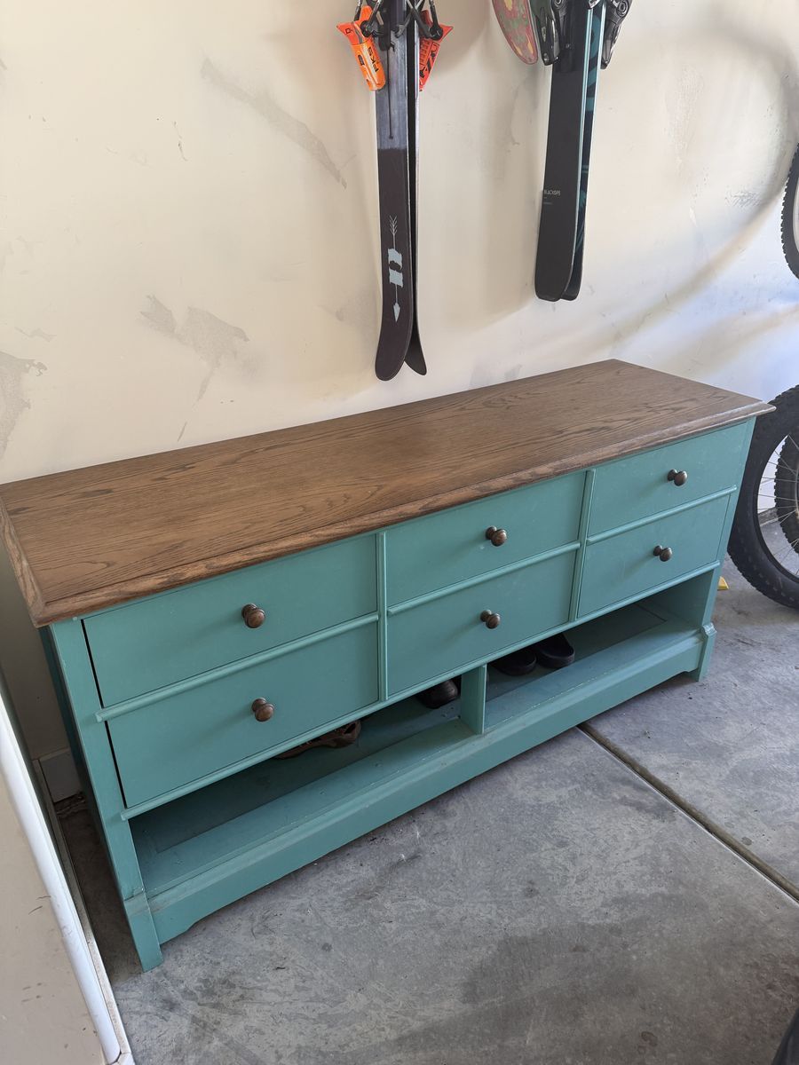 Solid Oak Entryway Console with Shoe Storage — Refinished