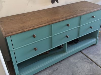 Solid Oak Entryway Console with Shoe Storage — Refinished