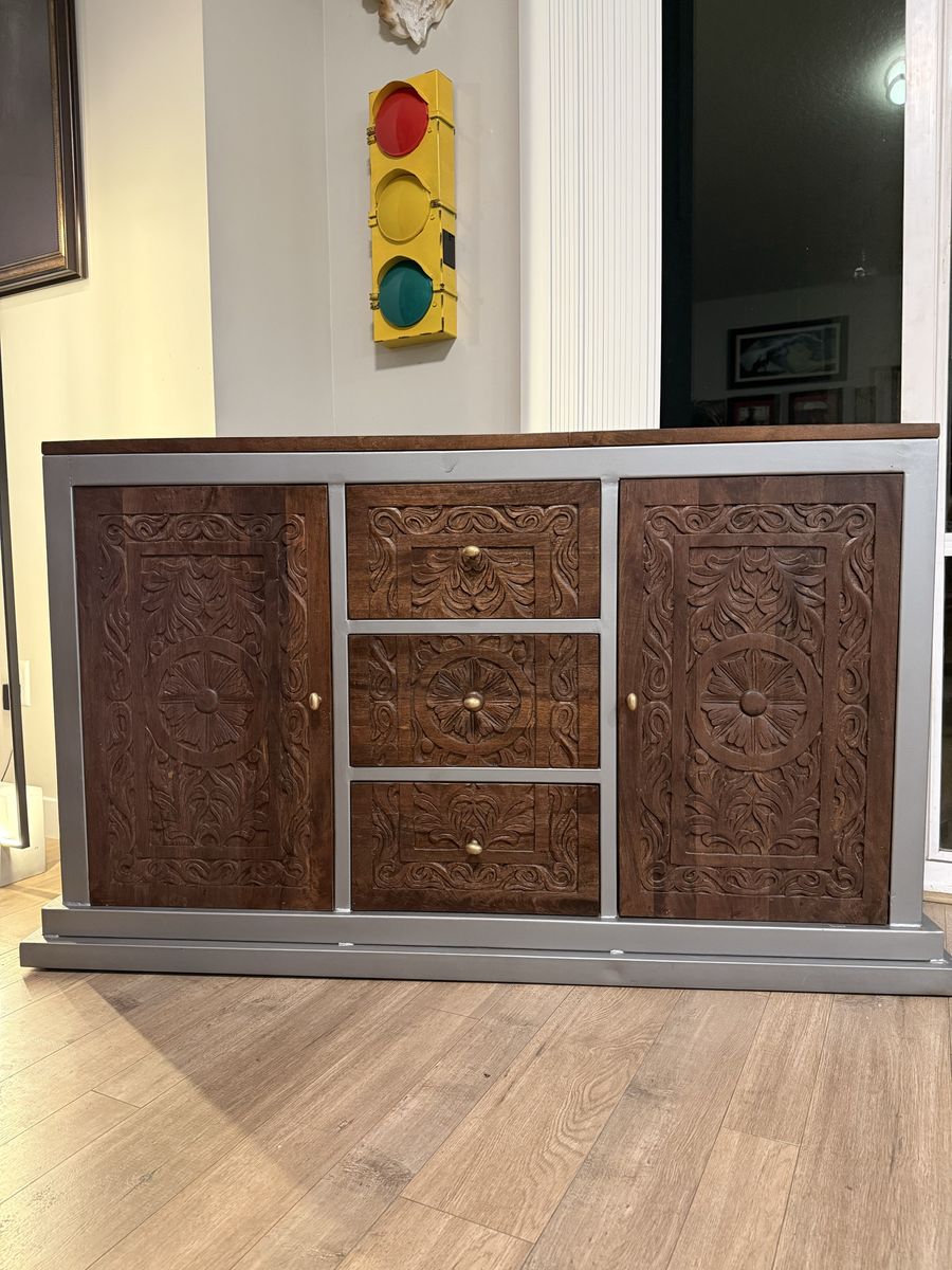 Jaxon Dark Brown Carved Sideboard - 2 Doors, 3 Drawers, Silver Trim - RC Willey