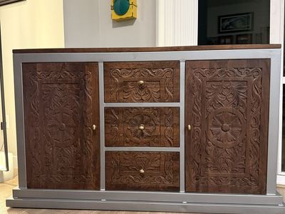 Jaxon Dark Brown Carved Sideboard - 2 Doors, 3 Drawers, Silver Trim - RC Willey