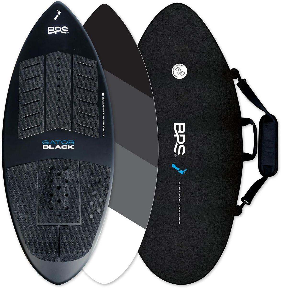 BPS New Zealand ‘Gator Black’ Fiberglass Skimboard with Padded Carry Bag