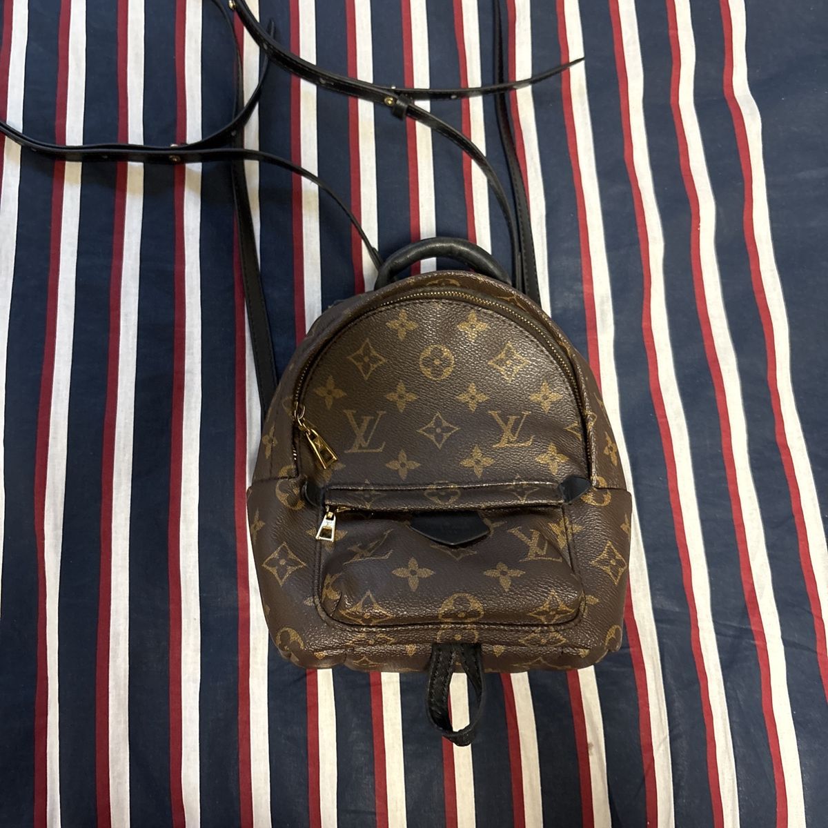 Knock off Louis Vuitton Palm Springs Mini Monogram Canvas Backpack Brown Black Leather Straps