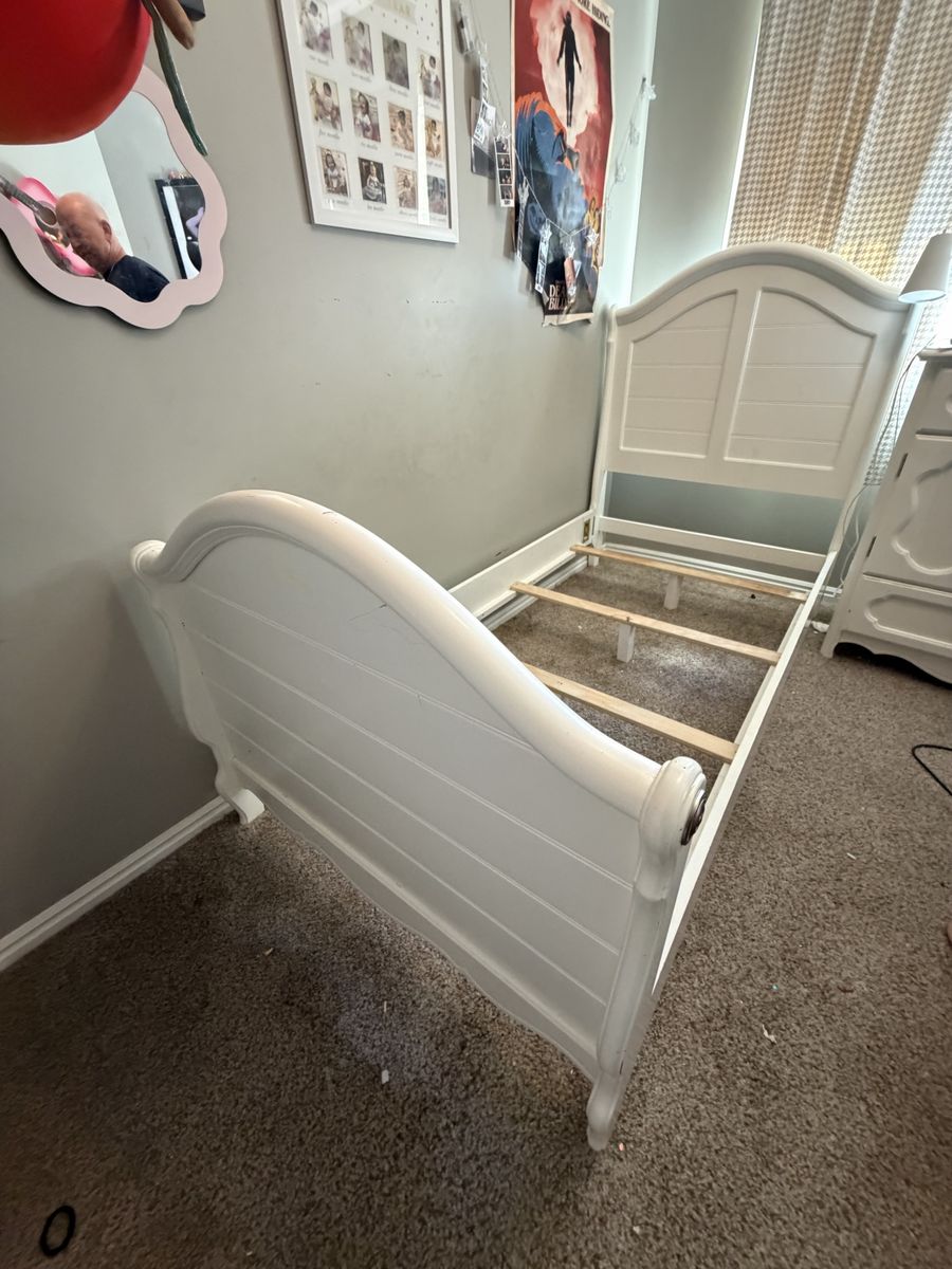 White Wooden Sleigh Bed Frame with box spring