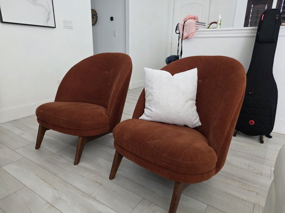 Pair of Mid-Century Modern Rust Orange Upholstered Accent Chairs