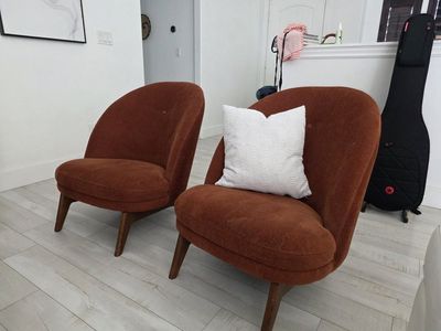Pair of Mid-Century Modern Rust Orange Upholstered Accent Chairs