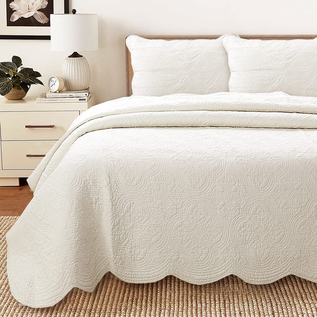 Cozy Line Home Fashions Cotton Quilt Set Twin – 2-Piece Ivory Matelasse Quilted Medallion Bedspread, Lightweight All Season Cove