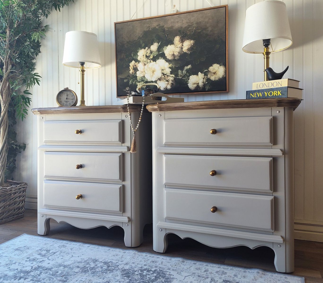Large Paneled Nightstands - Beige & Walnut