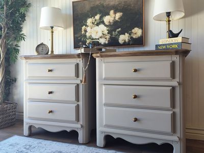 Large Paneled Nightstands - Beige & Walnut