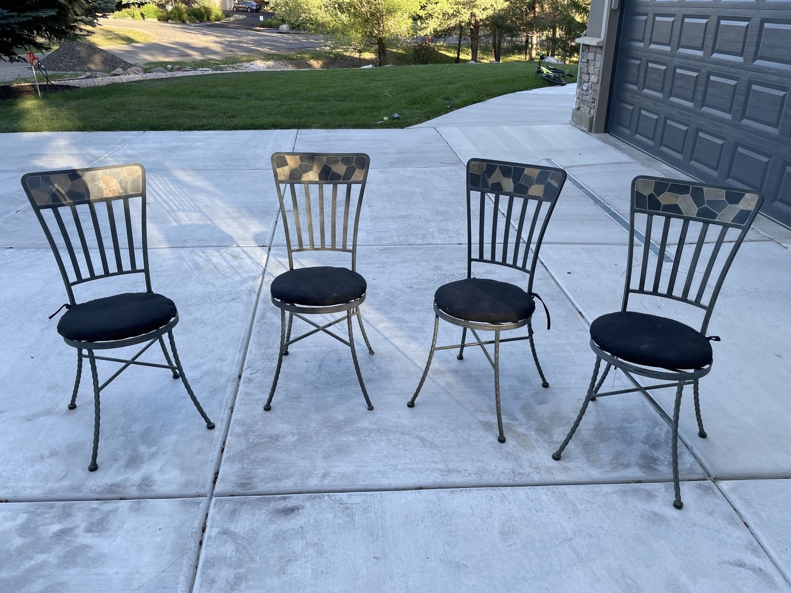 Set of 4 Wrought Iron Dining Chairs with Mosaic Tile Backs & Black Cushions - Patio or Indoor Seating