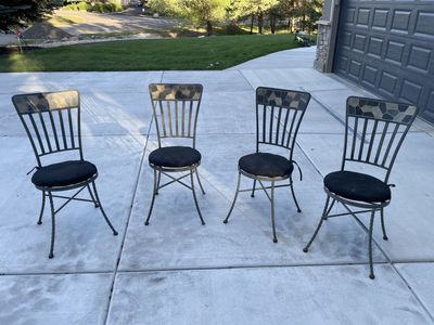 Set of 4 Wrought Iron Dining Chairs with Mosaic Tile Backs & Black Cushions - Patio or Indoor Seating