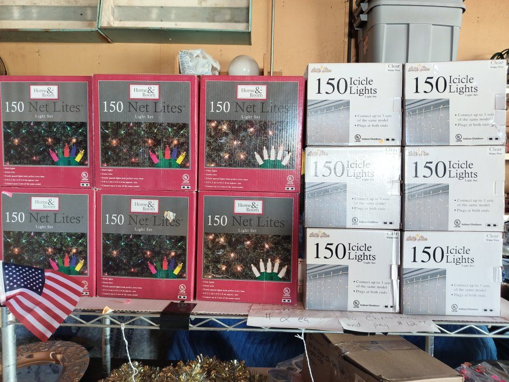 NEW Christmas Lights 12 Boxes: 4 multi color & 2 White Net style & 6 White Icicle 150 Bulb each