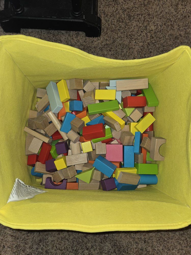 Colorful Wooden Building Blocks with Storage Bin - Assorted Shapes & Sizes