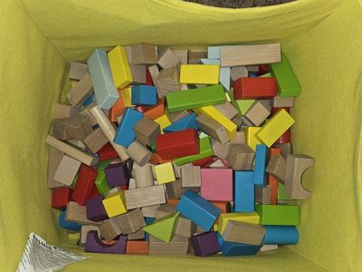 Colorful Wooden Building Blocks with Storage Bin - Assorted Shapes & Sizes
