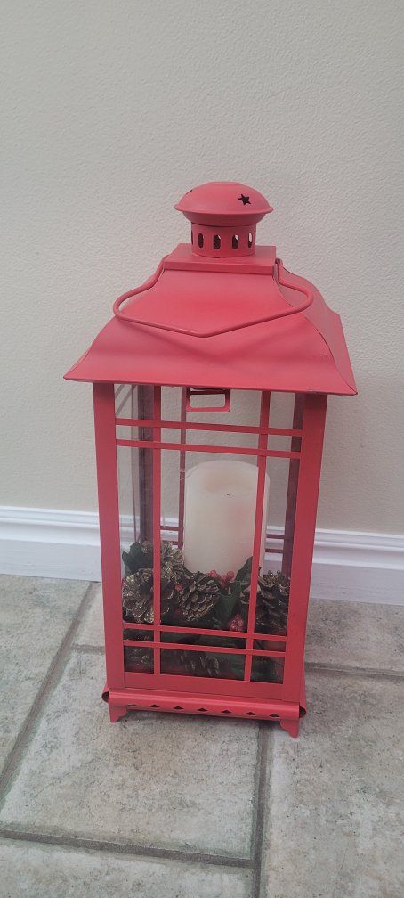 Red Metal Decorative Candle Lantern with Glass Panes and Holiday Accent Fillers
