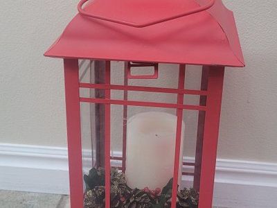 Red Metal Decorative Candle Lantern with Glass Panes and Holiday Accent Fillers