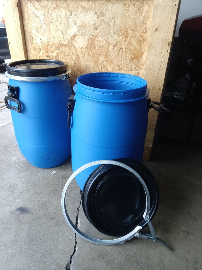 Pair of Blue Plastic Open Head Drums with Lids and Clamp Rings