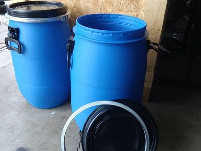 Pair of Blue Plastic Open Head Drums with Lids and Clamp Rings