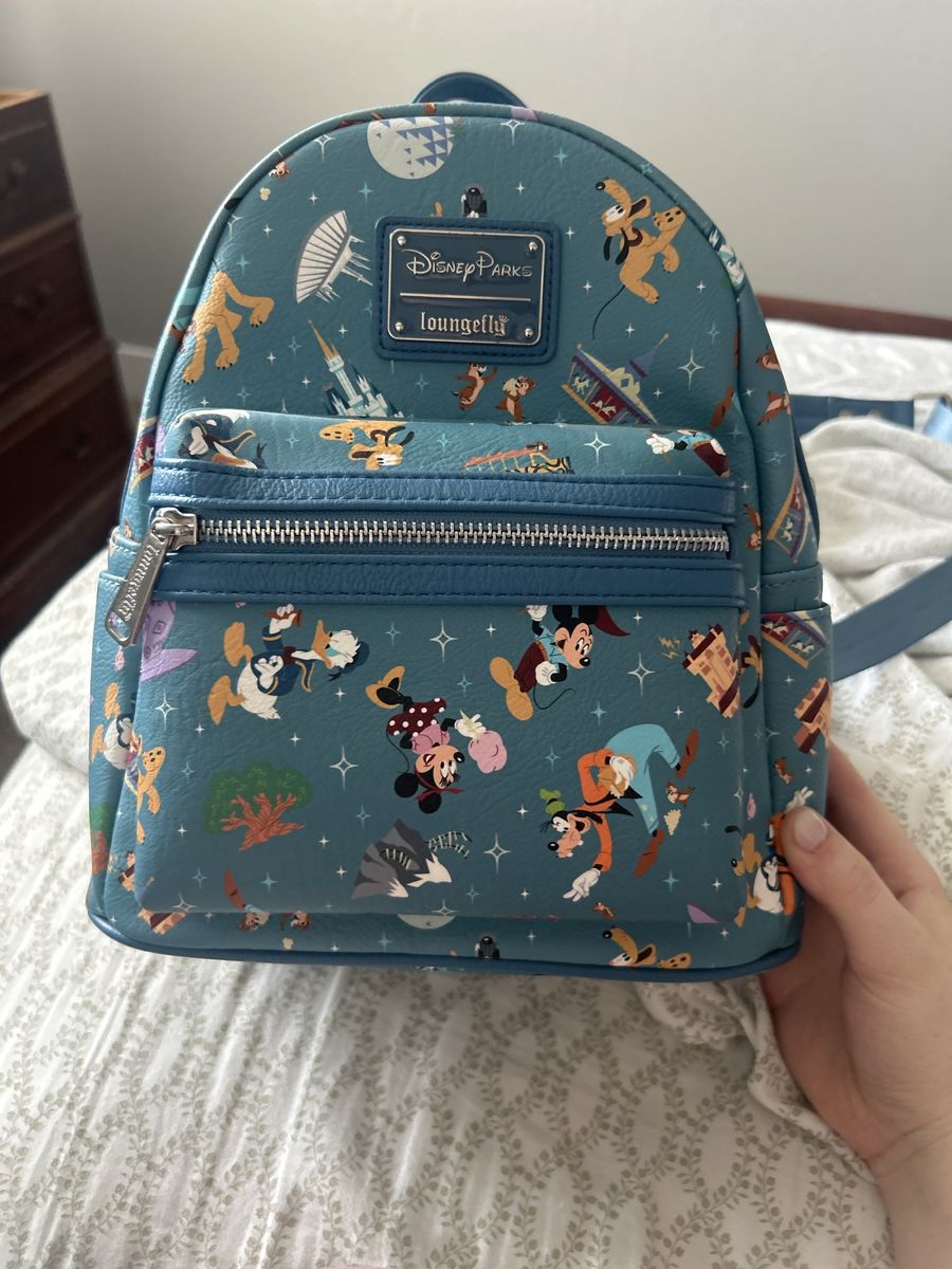 *OFFICIAL* Disney Parks Loungefly Mini Backpack - Teal Blue - with Characters & Attractions Print