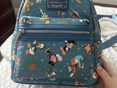 *OFFICIAL* Disney Parks Loungefly Mini Backpack - Teal Blue - with Characters & Attractions Print