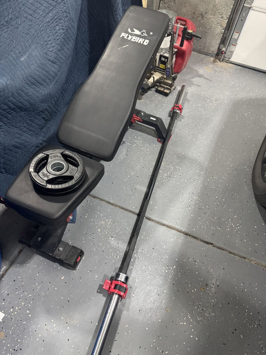 Weight Bench, Bar, Weights, and Clamps