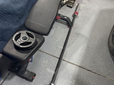 Weight Bench, Bar, Weights, and Clamps