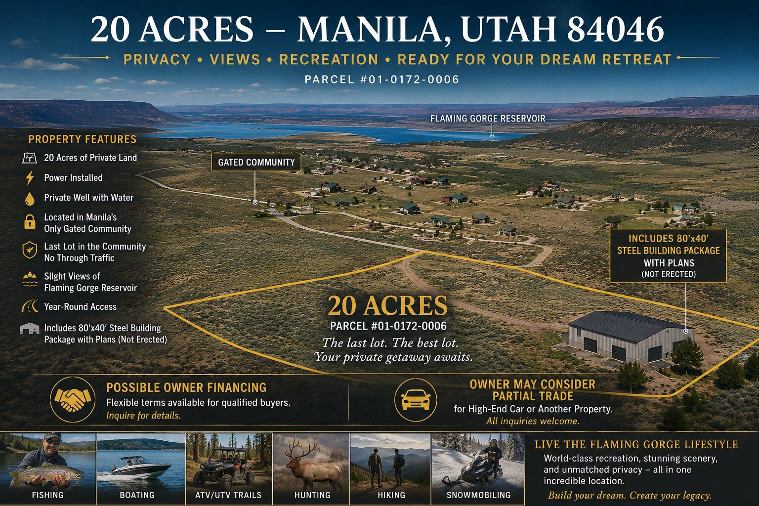 20 Acre Lot in Manila, UT 84046 | Gated Community, Reservoir Views, Steel Building Pkg