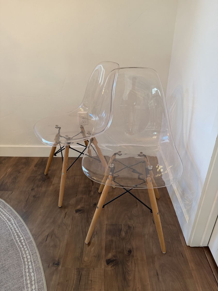 Set of 5 Clear Acrylic Dining Chairs with Wooden Legs & Black Metal Cross Supports - Modern Accent Chairs