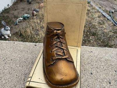 Bronzed Baby Boot Book ends Vintage Art Deco felt padded heavy boho