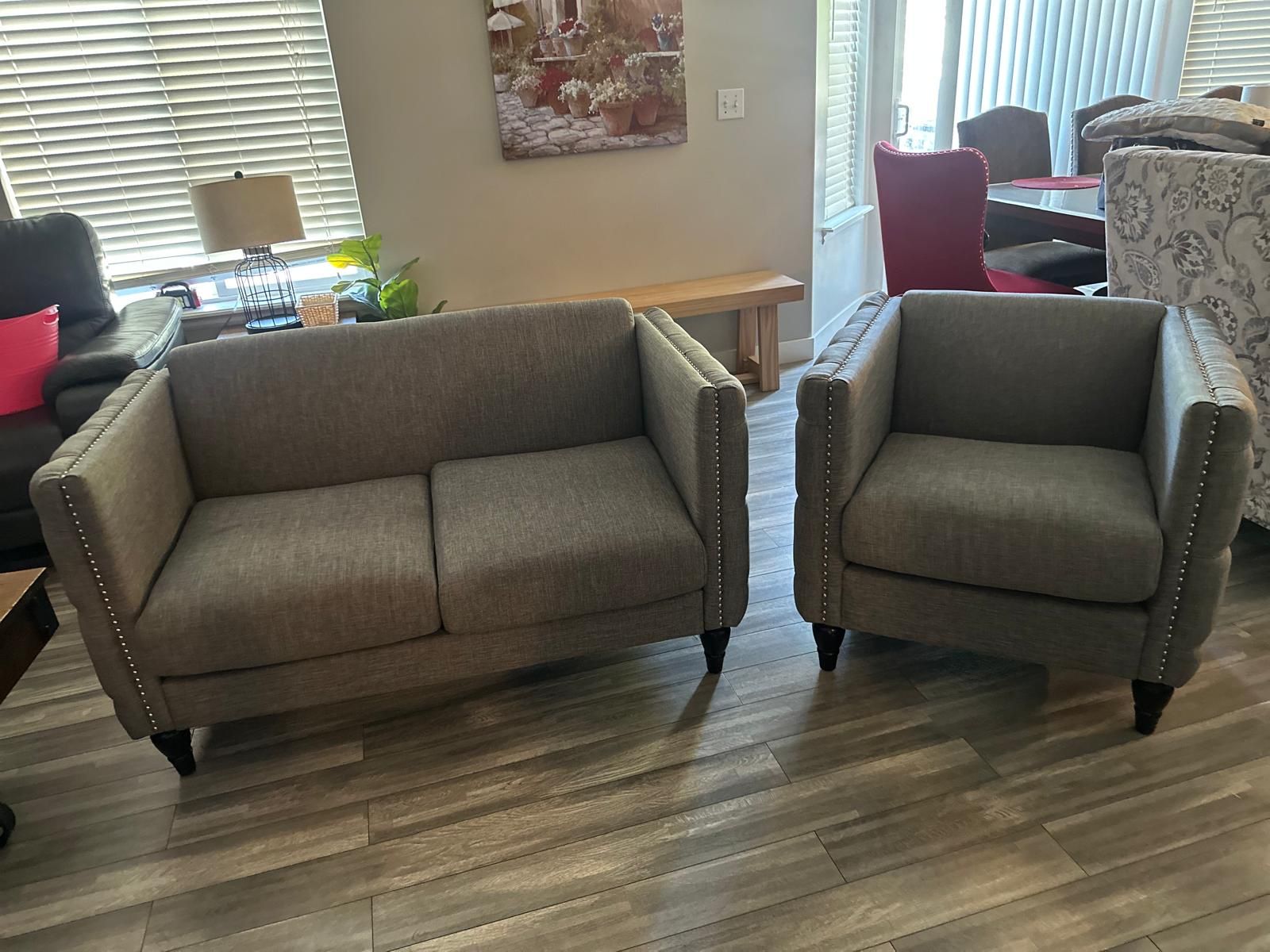 Grey Fabric Loveseat and Armchair Set with Nailhead Trim & Tufted Sides