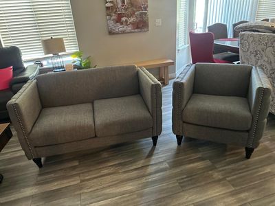 Grey Fabric Loveseat and Armchair Set with Nailhead Trim & Tufted Sides