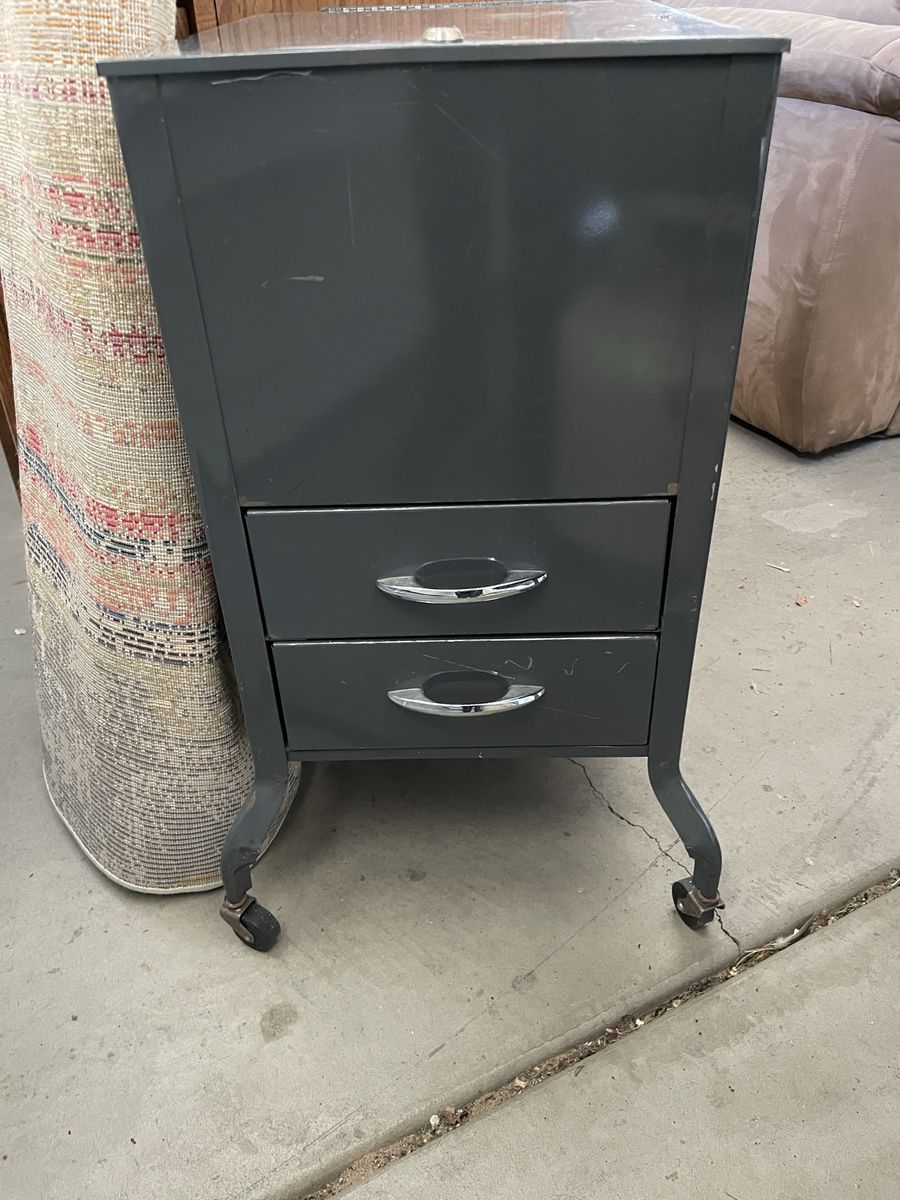 Vintage Metal Lift-Top Mobile File Cabinet Cart on Wheels